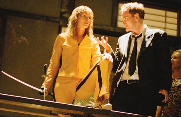 Uma Thurman and Quentin Tarantino on the set of Kill Bill