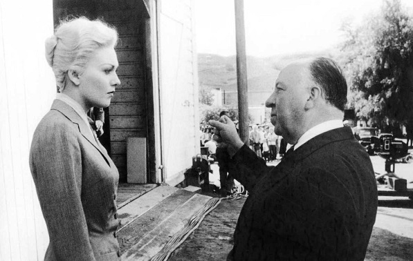 Kim Novak and Alfred Hitchcock on the set of Vertigo