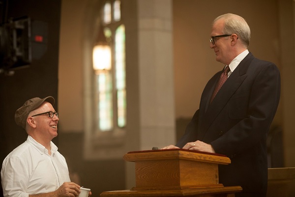 James Schamus with Tracy Letts on the set of Indignation