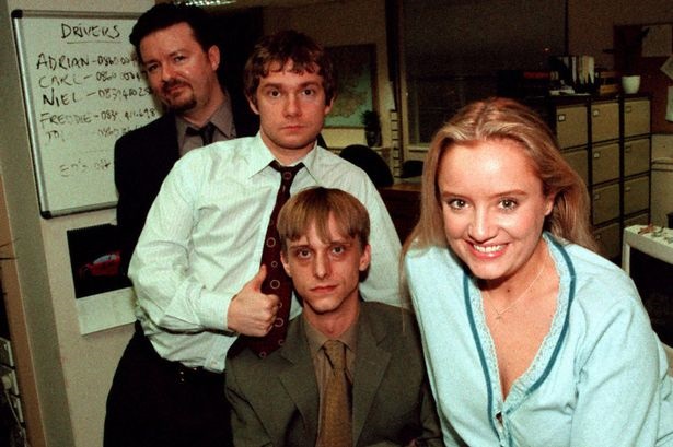 Ricky Gervais, Martin Freeman, Mackenzie Crook and Lucy Davis in The Office