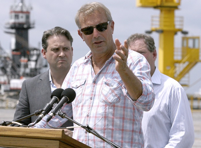 Actor Costner, founding partner, Ocean Therapy Solutions Inc. answer questions from the media in Louisiana