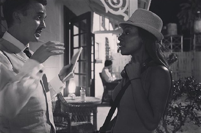 Amma Asante with Tom Felton on the set of A United Kingdom