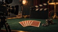 A film camera frames playing cards beside a blank clapperboard on a poker table