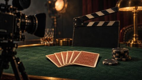 A film camera frames playing cards beside a blank clapperboard on a poker table
