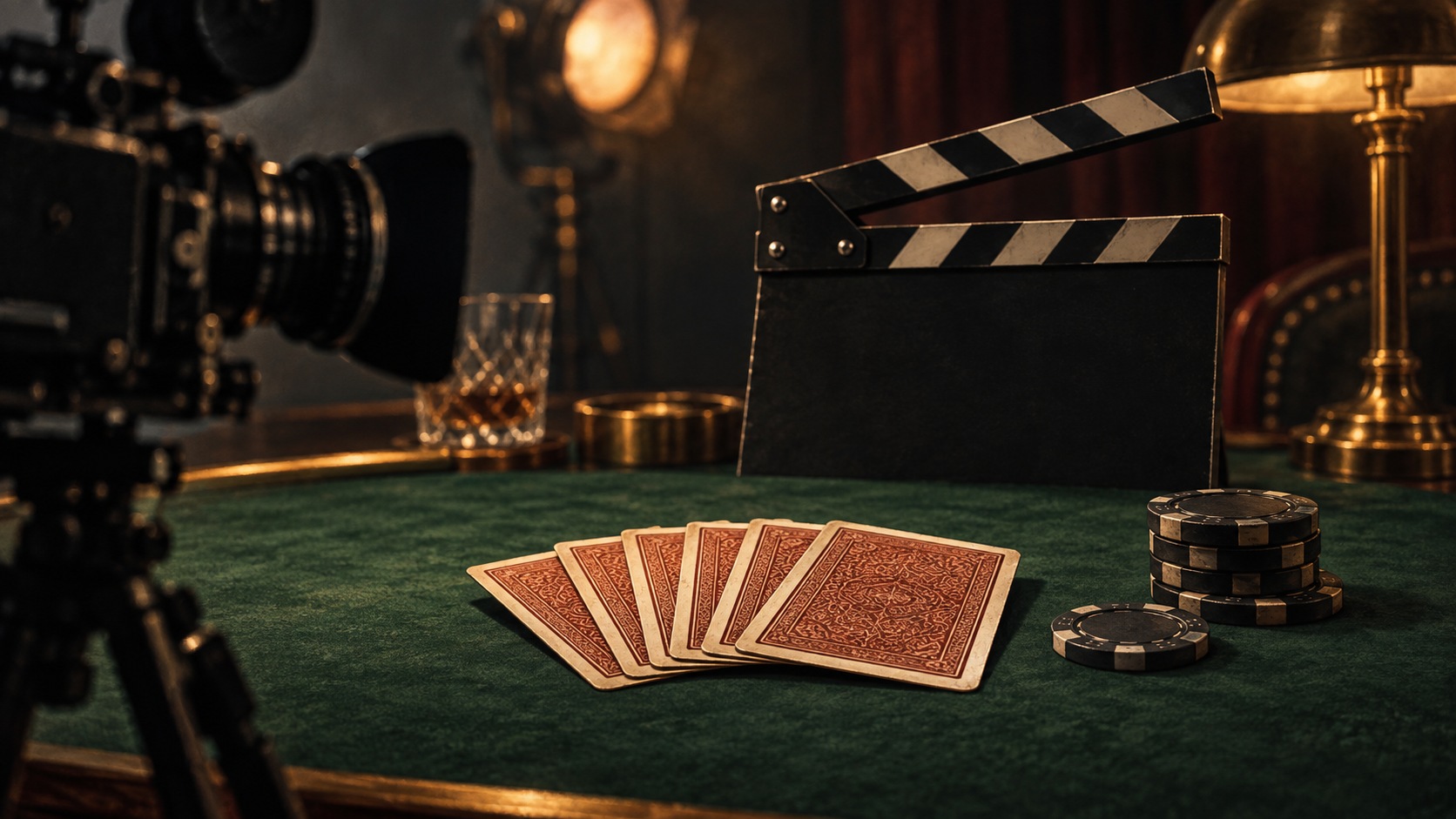 A film camera frames playing cards beside a blank clapperboard on a poker table