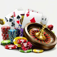 Casino chips and playing cards representing blackjack, poker and roulette