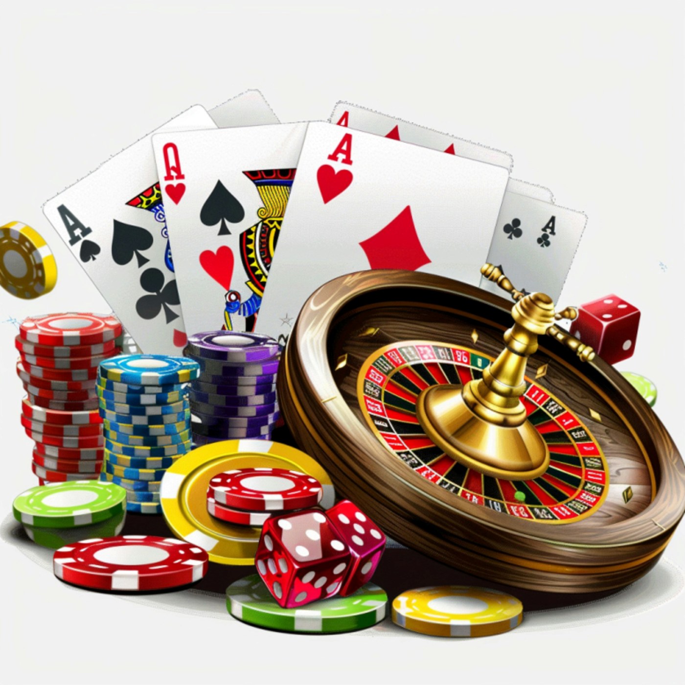 Casino chips and playing cards representing blackjack, poker and roulette